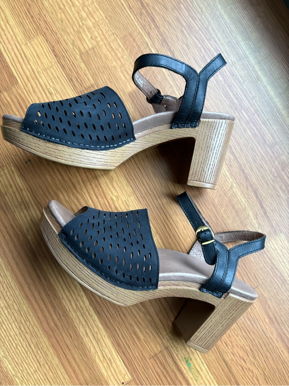 Dansko Black Perforated Leather Block Heel Sandals